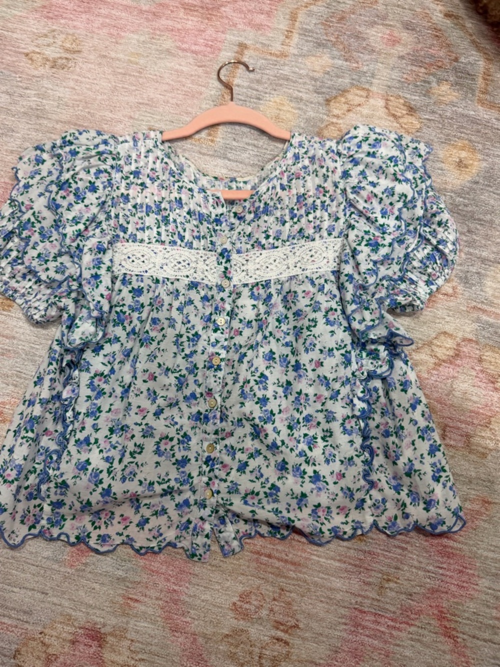 LoveShackFancy White Floral Button Ruffle Blouse with Blue and Green Print